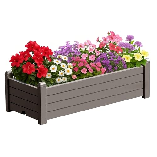 PatioZen Raised Garden Bed, 21 Gallon Self-Watering Outdoor Raised Planter Box with Drainage Plug and Gauge for Vegetables, Flowers and Herbs, Durable Rustproof Resin for Backyard Patio Porch (Grey) - color: Gray, size: 43.31"L x 17.72"W x 12.60"H