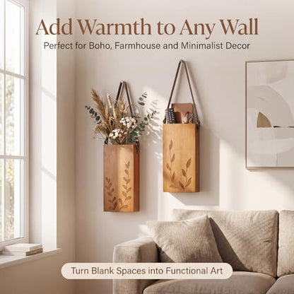 Bamboo Wall Planters with Durable Leather Handle for Indoor Plants