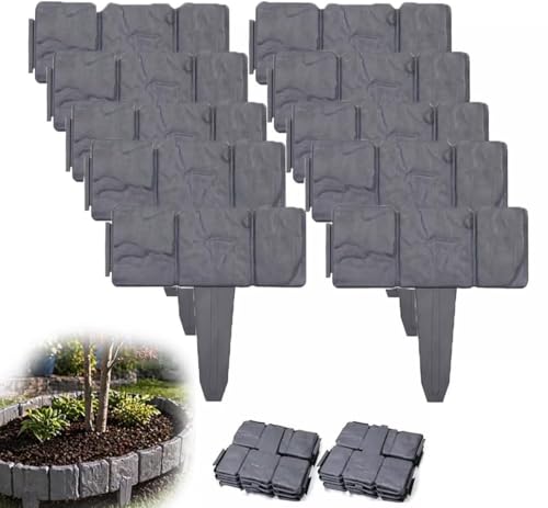 Faux Stone Garden Fence, Grey, Plastic Interlocking Decorative Frame for Flower Beds, Lawn, Trails, Set of 10 (10, Slate Gray)