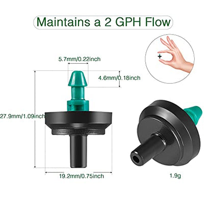 2 GPH Drip Emitters, 2 GPH Pressure Compensating Drip Emitters Maintain Constant Flow, 2 GPH Drip Irrigation Emitters, 50 Per Bag, Green/Black