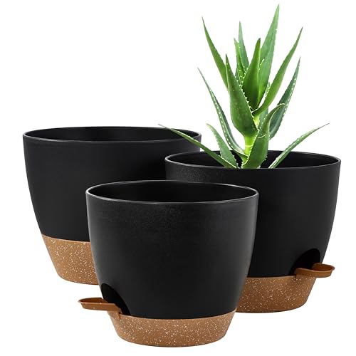 FaithLand 3-Pack Planter Pots, 10 9 8 Inch Self Watering Flower Pots for Indoor Outdoor Garden Plants, Black with Brown - color: Black With Brown, size: 10"+9"+8"