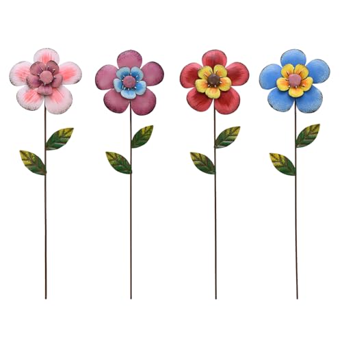 4Pcs Metal Flower Garden Stakes, 16" H Rustic Flowers Yard Stake Decorative Spring Outdoor Garden Decor Planter Flower Pot Metal Flower Stick for Patio,Lawn,Yard,Pathway (Flower)