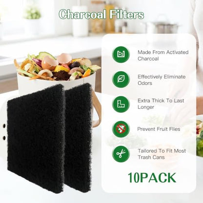 JURENGUDF 10 Pack 5 Inch Carbon Filters – Square Activated Charcoal Sheets, Odor Control Refills for Kitchen Compost Bucket and Countertop Bins