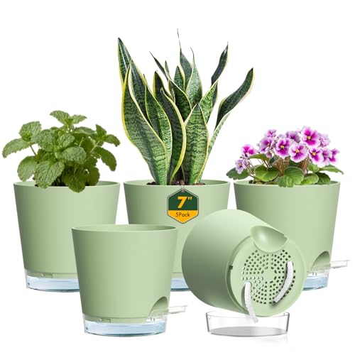 Meowell 7 inch Self Watering Pots for Indoor Plants, 5 Pack Plant Pots with Drainage Holes & Clear Reservoir for Visible Water Level, Plastic Wicking Planter Pots for House Plants and Flower, Green - color: Green, size: 7 in 5pcs