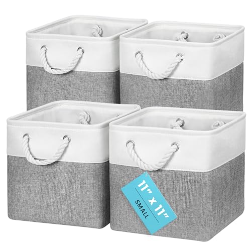 OrganiHaus 11x11 Cube Storage Bins, 4-Pack Fabric Cubes, Rope Handles - color: Gray Base / Off-White, size: 4 pcs (11x11)