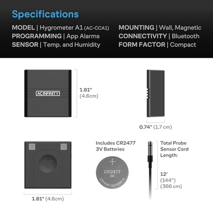 AC Infinity Temperature Humidity VPD Smart Hygrometer A1 w/ Bluetooth App - style: Ranged Sensor, Compact