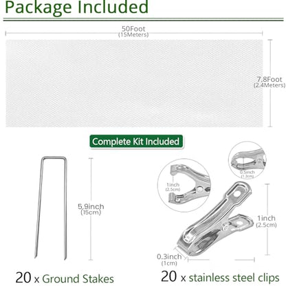 7.8Ft x 50ft Frost Protection Plant Cover – 1.2 oz/yd² Garden Freeze Blanket with Clips & Ground Stakes for Outdoor Winter Plant Protection, Reusable Floating Row Cover for Garden Vegetables - size: 7.8 x 50Ft