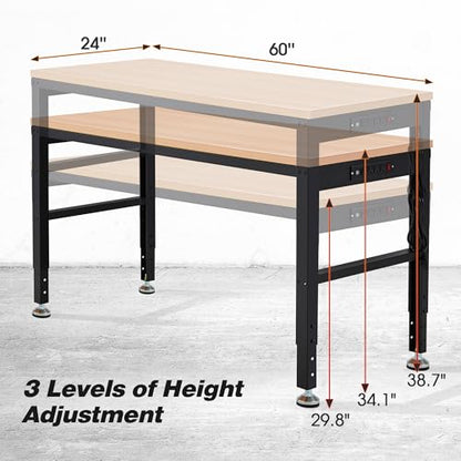 Antifir 60" Adjustable Workbench, Heavy Duty Wood Workstation - size: 60x24" With Socket