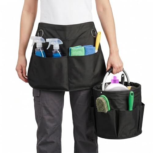 Cleaning Apron, Cleaning Caddy & Household Cleaning Storage Organizer Set - color: Black+black