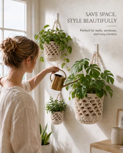6 Pack Macrame Hanging Wall Planters,Cotton Baskets, 3 Sizes for Pots