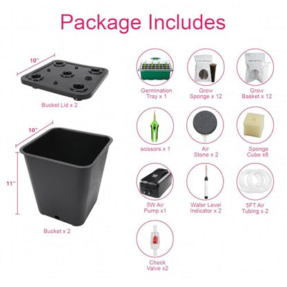 DWC 2 Hydroponic Buckets Kit for Plants, Hydroponics Growing System for Herbs/Tomato/Vegetables, DWC System with Air Pump & Germination Tray (Complete Indoor Hydroponic Gardening Supplies) (Black) - size: 2 Bucket Kit (Black)