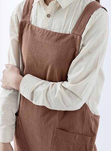 Japanese Cotton Linen Cross Back Apron with Pockets,Fashion Pinafore Dress for Gardening Painting Cleaning Cooking - color: Red