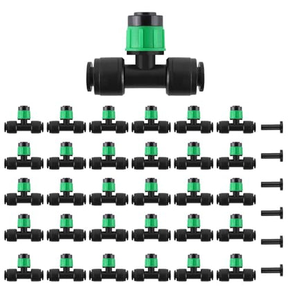 Kalolary 30Pcs Push-to-Fit Drip Irrigation Emitters for 1/4" Tubing - size: 1/4” Push-to-Connect Tee- Vortex- 30P Green