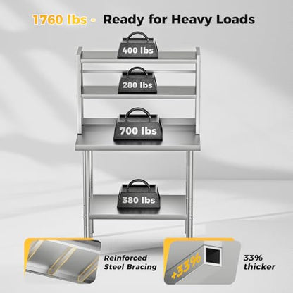 CAMMOO 30x24 NSF Stainless Steel Prep Table with Shelf & Casters Work Bench - size: 24*30 inches