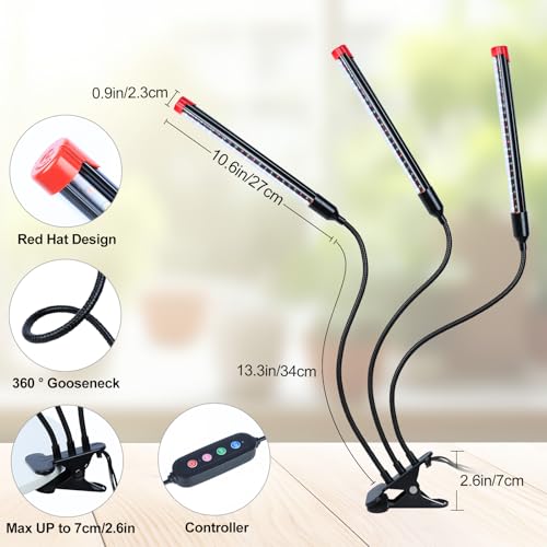 3Head Clip Grow Light, LED Full Spectrum Grow Lamp with Timer - size: Clip Light(27W)