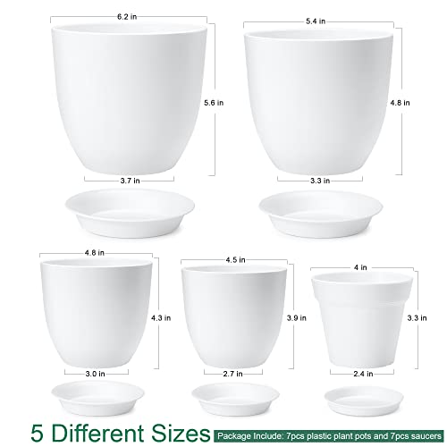 7 Pack Mix Size Plastic Plant Pots, 6.2/5.4/4.8/4.5/4 inch Indoor Planters - color: White, size: MIX-7Pack