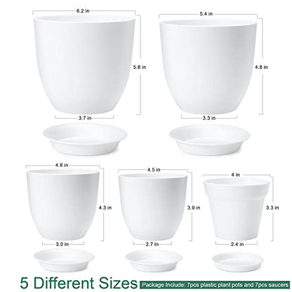 7 Pack Mix Size Plastic Plant Pots, 6.2/5.4/4.8/4.5/4 inch Indoor Planters - color: White, size: MIX-7Pack