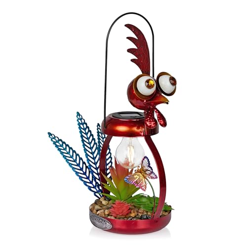 Alpine Corporation LYT286SLR-HH Solar-Powered Metal Rooster w/Garden Enclosed LED Light Decor, Solar Patio Decor, 16''H, Red - color: 16" Red Rooster