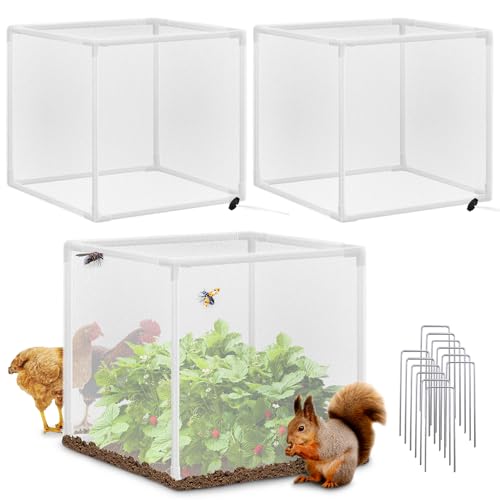 3 Pack Plant Protectors from Animals, 13.8" X 13.8" Detachable Plant Cages for Outdoor Plants with Netting, Square Plant Cages to Keep Animals Out with Ground Stakes (White)