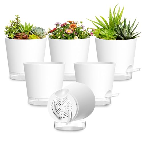 Plant Pots 7 Inch Self Watering Pots, 6 Pack Plastic Planters with Drainage Holes and Clear Saucers,Plastic Flower Pots for Indoor Out Door Plants(White) - color: White, size: 7 inch