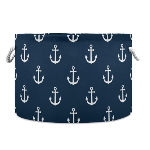 Navy Blue Anchor Round Storage Basket Collapsible with Handle - color: White and Blue