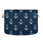 Navy Blue Anchor Round Storage Basket Collapsible with Handle - color: White and Blue