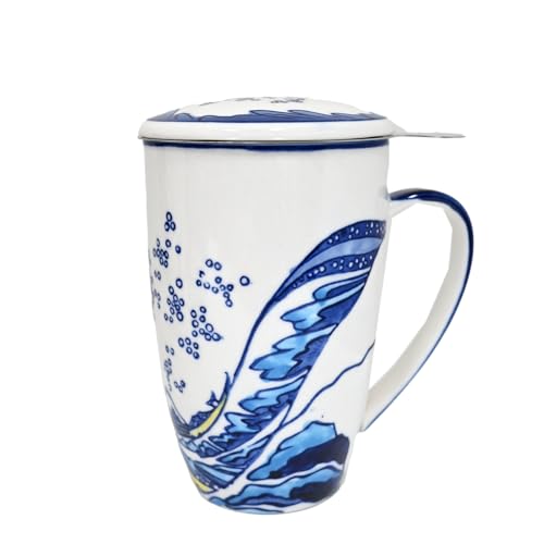 Tea Mug With Lid and Stainless Steel Infuser For Loose Leaf Tea Bag,15oz Tea Cup Porcelain, Hot Beverage Everyday Use Home Office, Gift Boxed (Great Wave) - style: Great Wave
