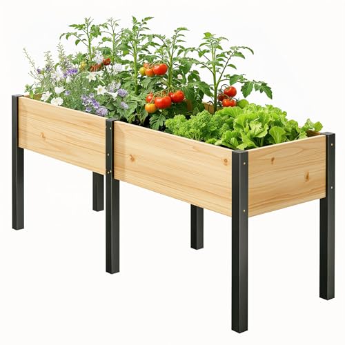 SUNYRISY Dual Wooden Raised Garden Bed Outdoor with Metal Legs