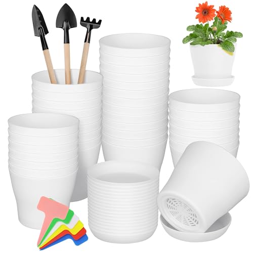 Hahood 36 Pack Plants Nursery Pots 4 Inches Plastic Flower Plant Pots Thickened Seedlings Nursery Pots with Tray White Flower Pots Gardening Plant Containers for Outdoor Indoor - color: White, size: 4 Inches