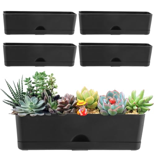 5 Pack Window Boxes Planters 16 Inches Rectangular Planter Herb Planter Boxes Large Plastic Flower Pots Rectangle Black Planter Outdoor and Indoor Succulent Window Sill Planter Self Watering Pots