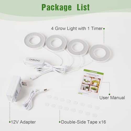 LORDEM Grow Light for Indoor Plants, 192 LEDs Ceiling Full Spectrum Plant Light, Quad Head Plant Lamp with 3/6/12H Auto Timer, 6 Brightness Levels, Individual Bulb Control, Corded - size: 3.54in-4 Head
