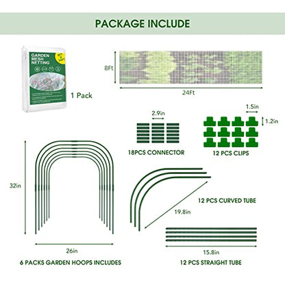 Garden Netting Kit for Raised Beds, 8x24Ft Ultra Fine Mesh Netting with 6 Sets Garden Hoops, Plant Row Cover Insect Netting Birds Pest Barrier Net for Vegetable Fruit Flowers