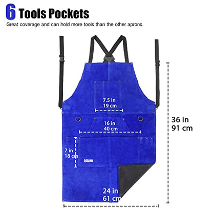 QeeLink Leather Welding Apron 6 Pockets Heat Flame Resistant for Blacksmith - color: Blue, size: 24"x 36"