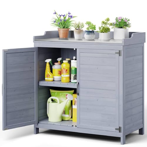 Gizoon Outdoor Potting Bench with Metal Tabletop, Wooden Cabinet, Grey
