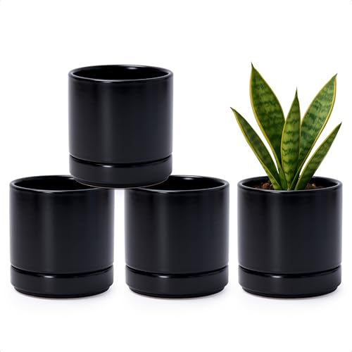 D'vine Dev 4-Pack Ceramic Pots with Saucers, Black, 4.7 in, 94-X-B-2 - color: Black, size: 4.7 Inch