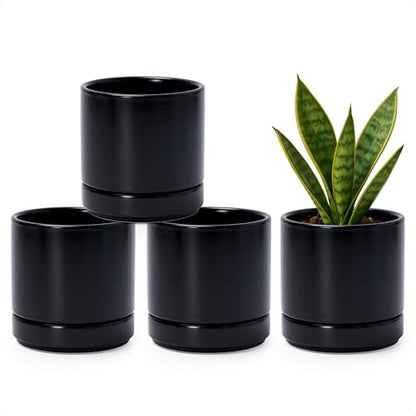 D'vine Dev 4-Pack Ceramic Pots with Saucers, Black, 4.7 in, 94-X-B-2 - color: Black, size: 4.7 Inch