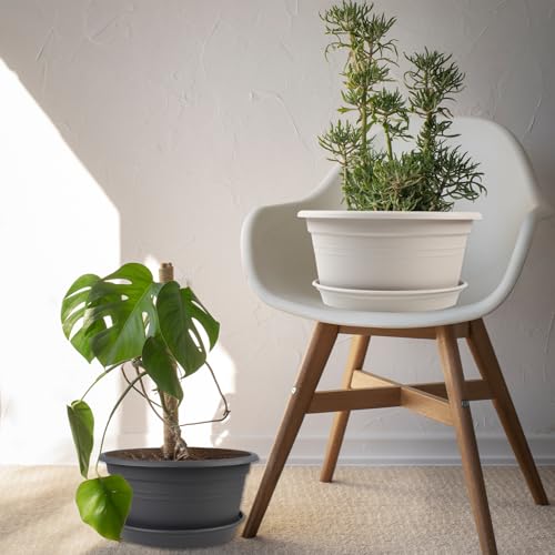6 Pack 10 inch Plant Pot, Shallow Planters with Drainage Hole & Tray Saucer - color: Gray White, size: 10 Inch - 6Pack
