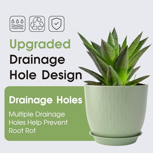 GARDIFE 5-Pack Plastic Plant Pots 7-10in with Drainage & Saucers, Green - color: Green