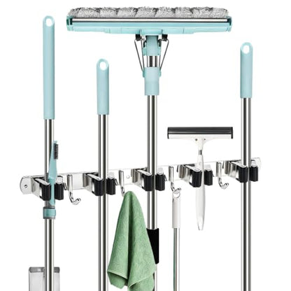 Mop and Broom Hanger Wall Mounted, 5 Racks and 4 Hooks, Storage Organiser (1, Black, 5)