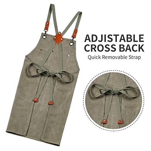 ZOMAO Cotton Canvas Cross Back Apron for Men and Women,Chef Apron With Adjustable Strap and Large Pockets,Kitchen Cooking Baking Bib Heavy Duty Work Apron - color: Grey Green