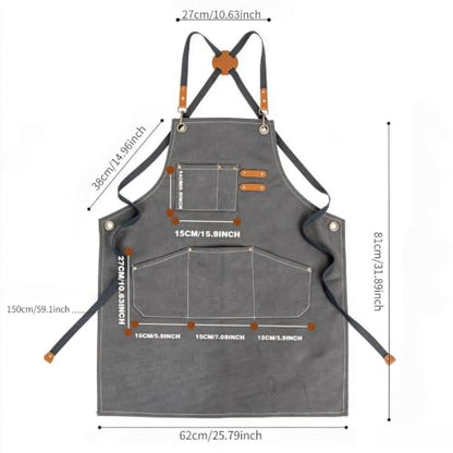 Canvas Tool Apron, Heavy Duty Multi-Pocket, Crossback Adjustable - color: Gray