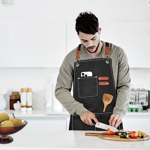 APRONPANDA Cross-Back Chef Aprons for Men Women with Pockets,Cotton Canvas Adjustable Cooking Work Apron for Kitchen - color: Black