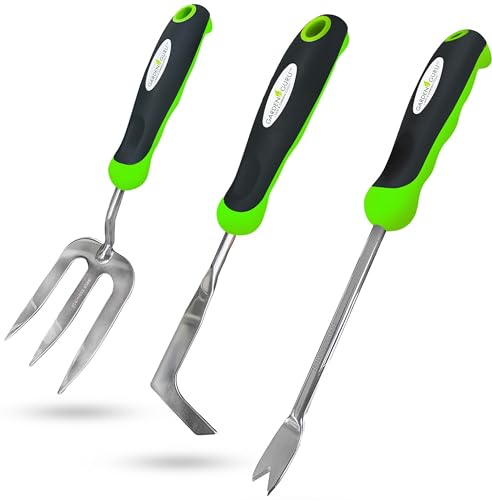 Garden Guru Garden Hand Weeder Tool Set 3pc Dandelion Weeder, Fork, Patio Weeder – Heavy Duty Stainless Steel Gardening Weeding Tools - Ergonomic Comfort Grip Handle - size: 1 Pack, style: Weeding Set 1