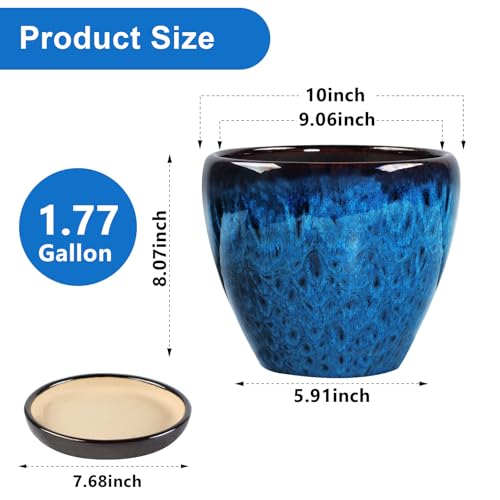 Ceramic Plant Pots With Saucer & Drainage Hole, 10 inch Indoor Flower Pots - color: Blue, size: 10 inch