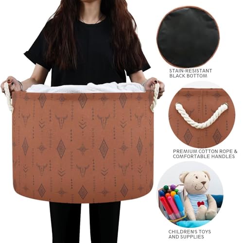 Brown Western Boho Round Storage Basket Collapsible with Handle - color: Brown