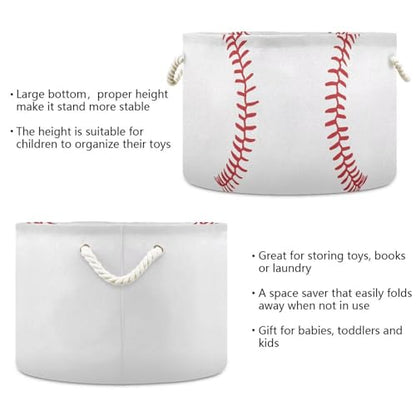 Baseball Print Round Storage Basket Collapsible with Handle - color: White Red