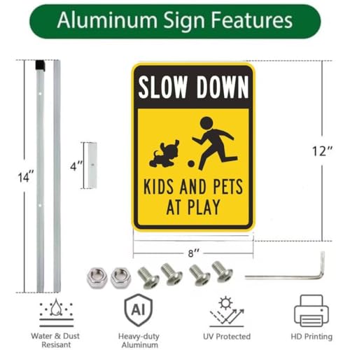 dog crossing sign,Kids and Pets at Play yard Sign with Reflective Aluminum Lawn Signs,slow down Rust Free Garden Signs (8x12in) - color: Slow Down Kids and Pets at Play