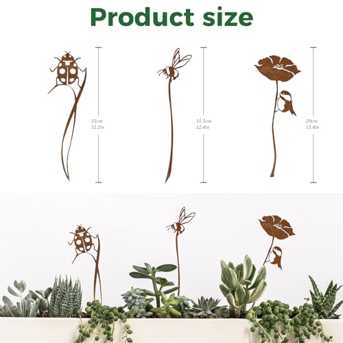 3-Pack Rust-Finish Ladybug, Bee and Flower Garden Stakes - style: Ladybug & Bee Flower Set