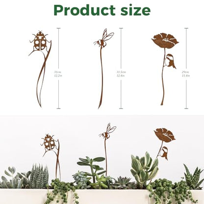 3-Pack Rust-Finish Ladybug, Bee and Flower Garden Stakes - style: Ladybug & Bee Flower Set