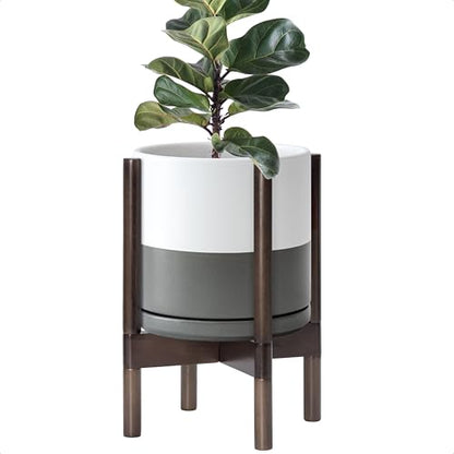 D'vine Dev Ceramic Pot with Walnut Wood Stand, White/Grey, 10 in, 55-B-X-6 - color: White/Grey Pot + Walnut Color Stand, size: 10 Inch